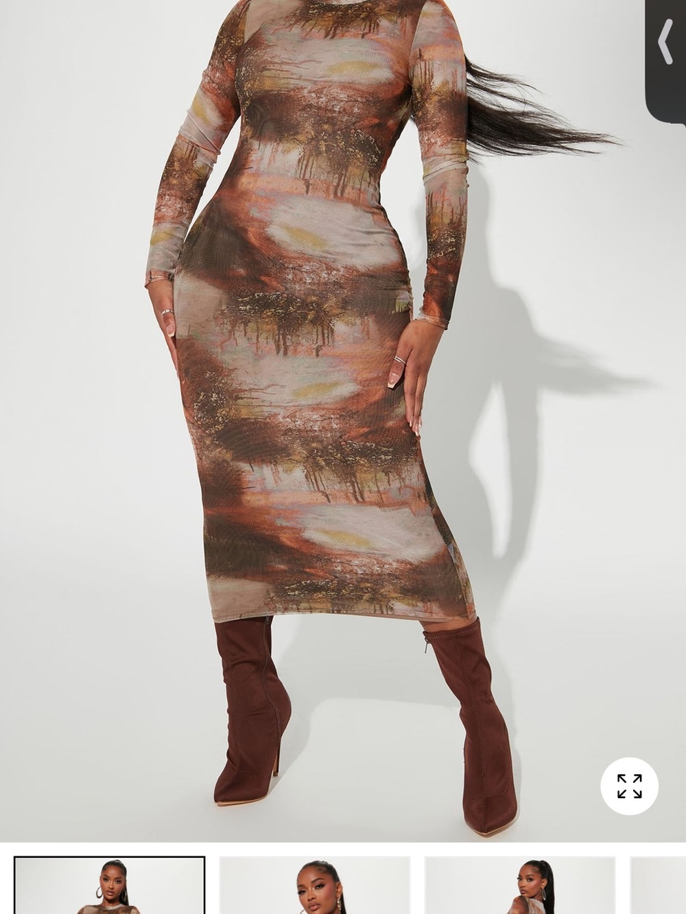 Mojave Mesh Long Sleeve Bodycon Maxi Dress in brown combo Rust Multi - Picture 2 of 7